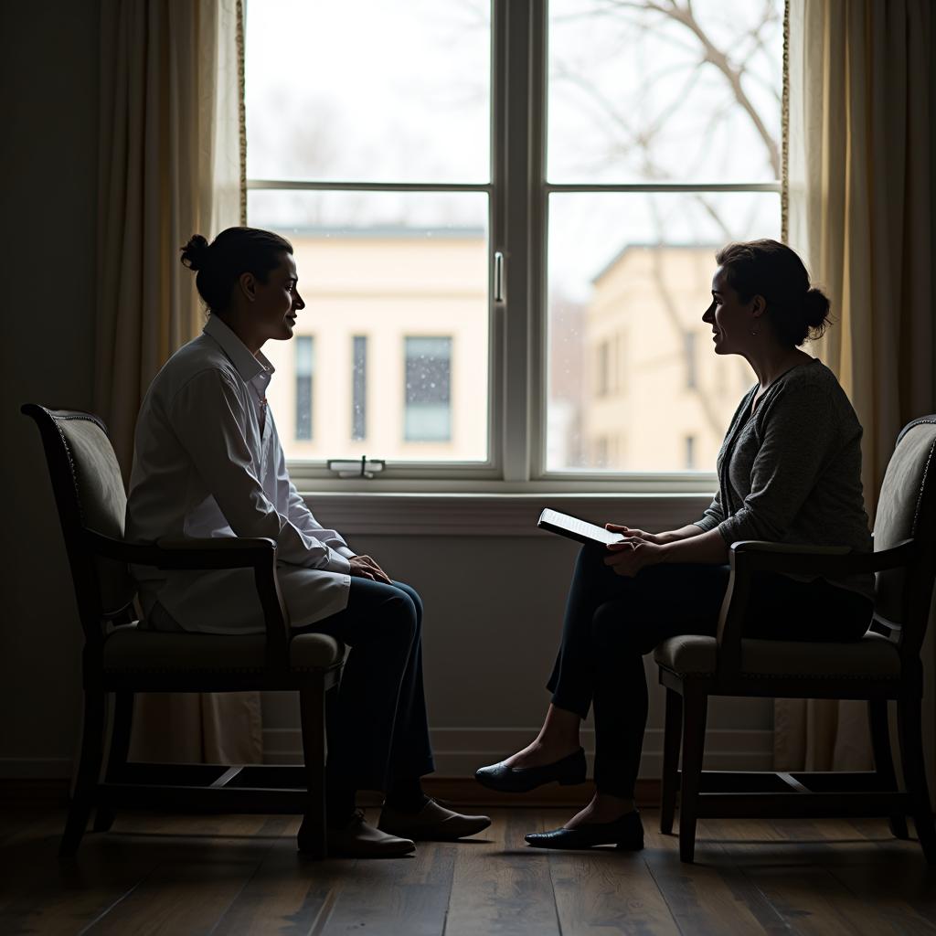A calm private hypnotherapy consultation scene: a professional practitioner and an adult client seated in a quiet office, relaxed posture, soft natural window light, subtle Dayton or suburban Ohio city context outside the window, cues of stress support and guided calming for Everleigh Hypnosis readers in Dayton, OH.