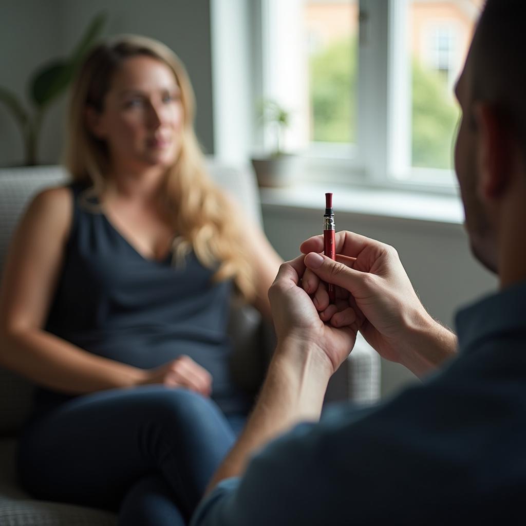 A realistic adult client considering freedom from nicotine habits in a calm private-practice setting, with subtle cues like a closed pack, vape device set aside, or a clean fresh-air window view for Everleigh Hypnosis readers in Dayton, OH.