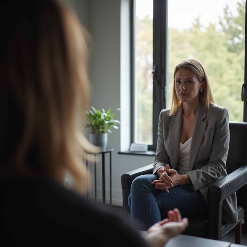 An realistic adult client considering freedom from nicotine habits in a calm private-practice setting, with subtle cues like a closed pack, vape device set aside, or a clean fresh-air window view for Everleigh Hypnosis readers in Dayton, OH.
