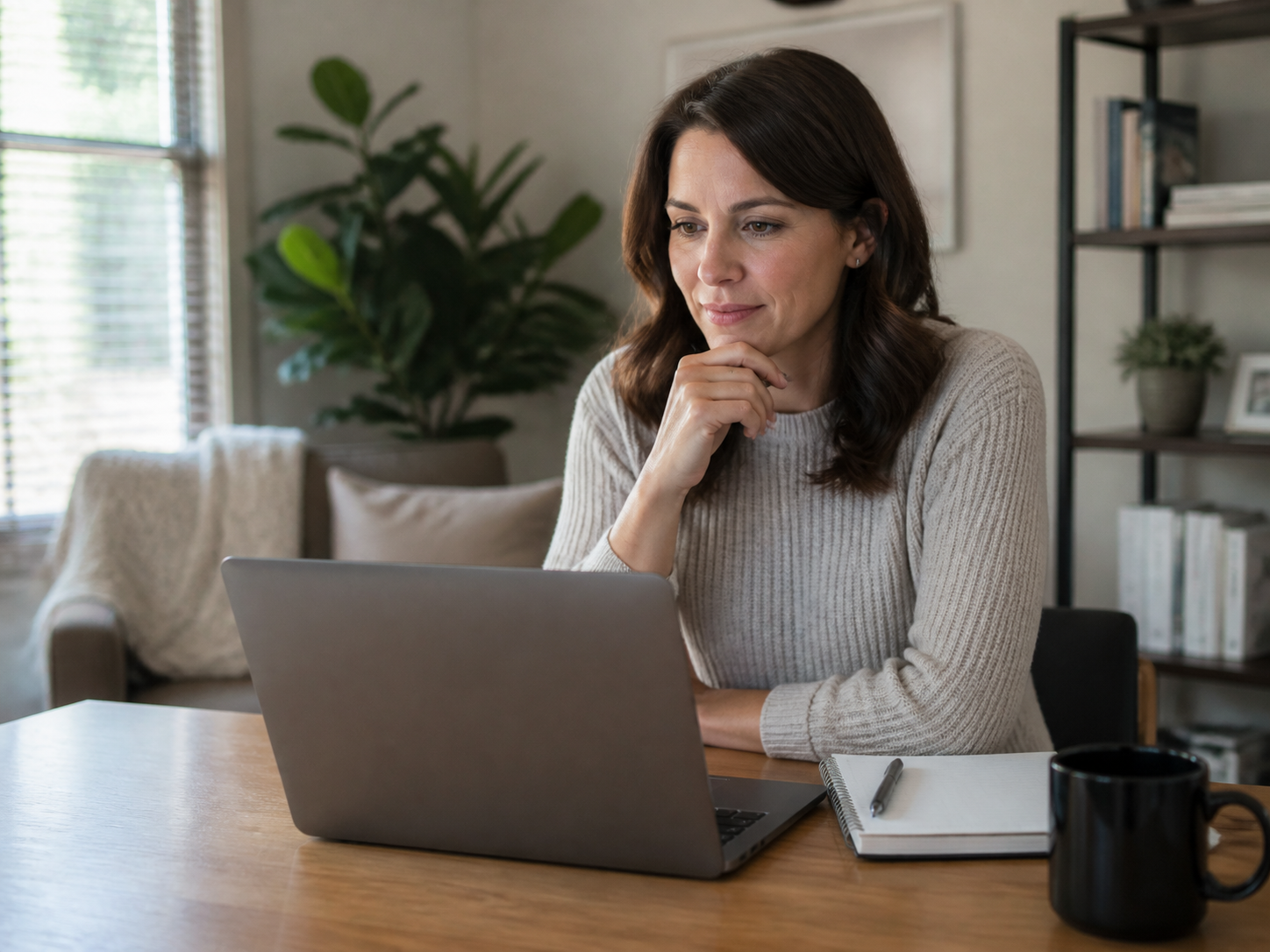 A client comparing virtual appointment options from home with a notebook nearby